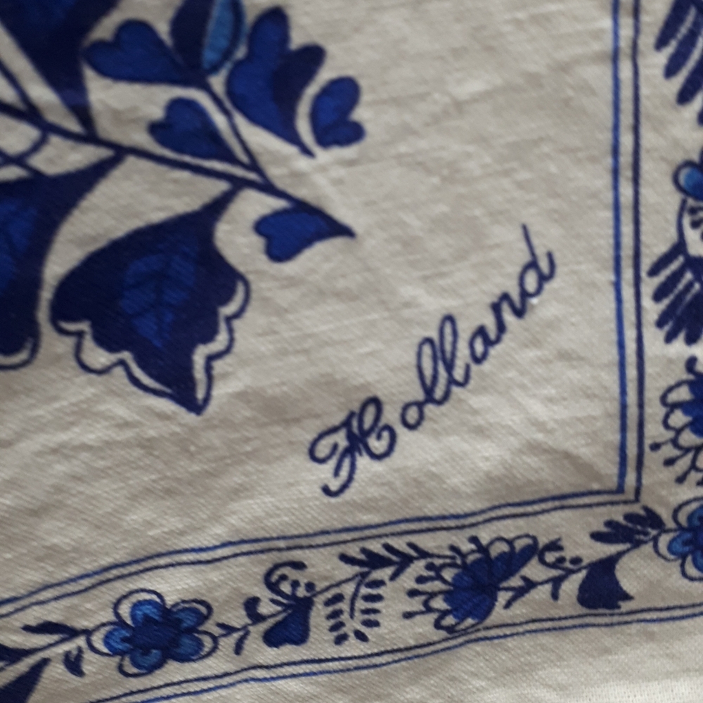 Holland Blue Floral Linen Fabric Vintage Table Cloth